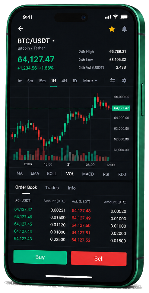 Vlies Rendiburg mobile trading platform — live BTC/USDT chart, order book and buy/sell interface
